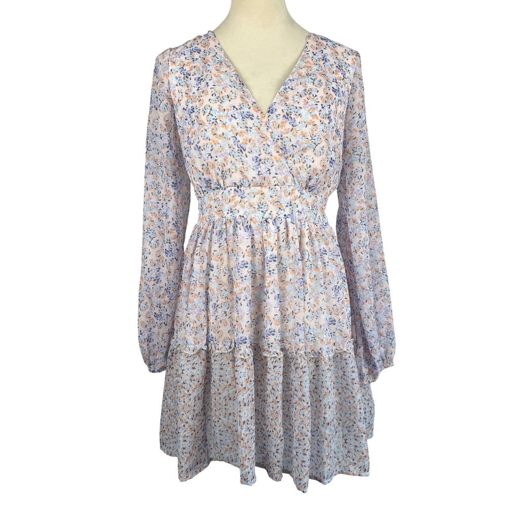 Floral Long Sleeve Mini Dress‎ Smocked Waist V-Neck Back Tie Medium Wedding Boho